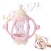 Socub baby rattle teether pink side view highlights soothing sensory play on the go.