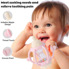 Socub baby rattle teether pink teething-ball closeup shows six textured arms for gum relief.