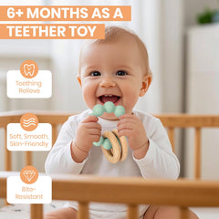 Socub easy-grip teething ring demonstrates comfortable hold for tiny hands and rattle play.