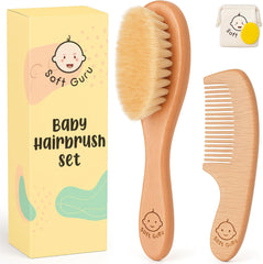 Soft Guru baby hairbrush closeup with soft goat hair bristles gliding through fine hair