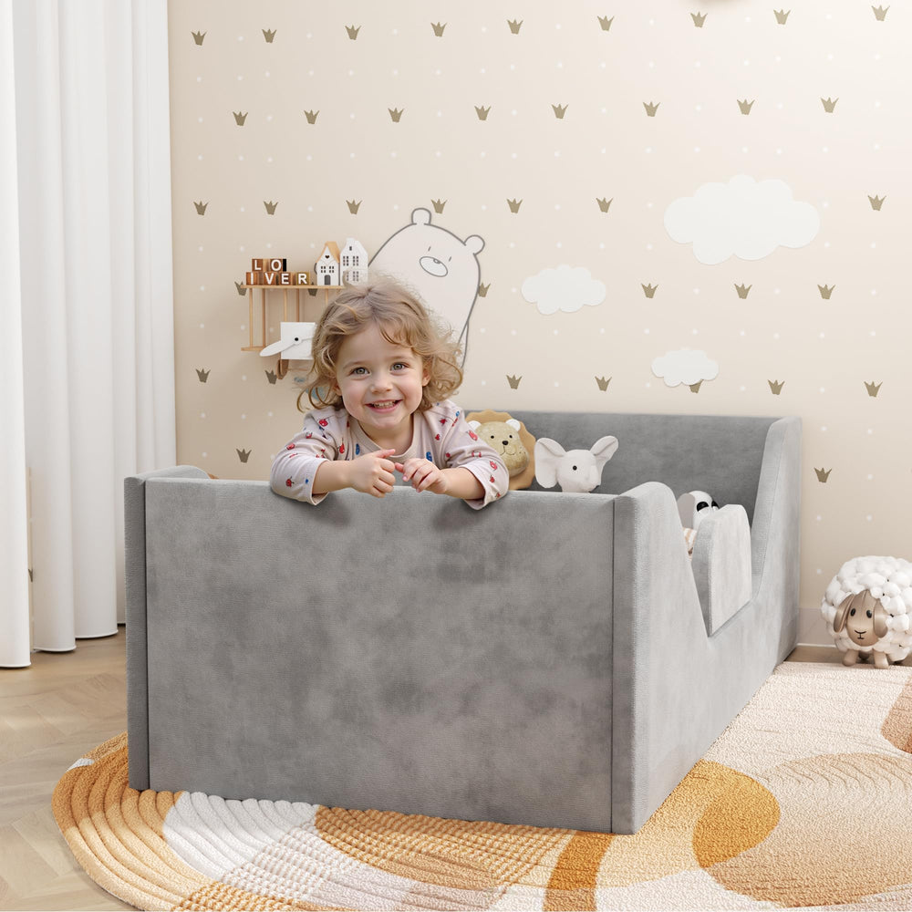 SOFTLYNICE toddler bed big gray front view shows compact, safe sleep space