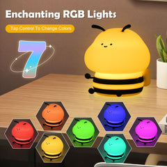 Soledun Bee silicone night light in RGB mode with color-changing display.