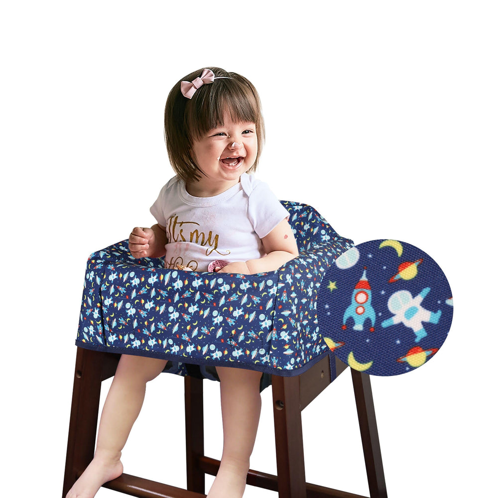 Solfres Dual-Belt High Chair Cover Blue Space front view shows secure two-strap fit for safe seating