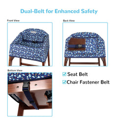 Solfres Dual-Belt High Chair Cover Blue Space side view demonstrates flexible, universal fit