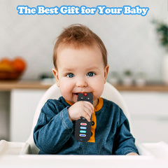 SOLIFEGOBLE remote teether back view showing graphics for visual recognition and pretend play
