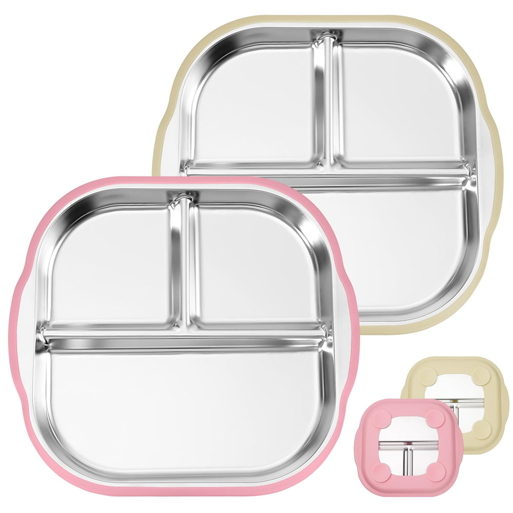 Solldgt stainless steel kids plates with suction base in pink and beige for mess-free meals