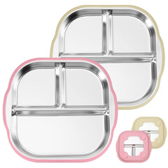 Solldgt stainless steel kids plates with suction base in pink and beige for mess-free meals