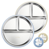 Solldgt stainless steel kids plate with blue suction base for mess-free meals.