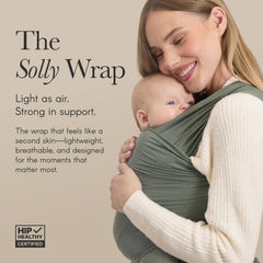 Solly Baby wrap hip-healthy certification close-up shows ergonomic support for tiny hips.