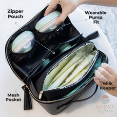 Sonny & Sloane travel-ready breast pump bag shown with compact design for on-the-go moms.