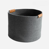 Soorxiein large cotton woven basket black front view with sturdy PU leather handles for storage.