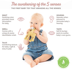 Sophie la girafe al-thir camel teether side view highlights easy grasp design.