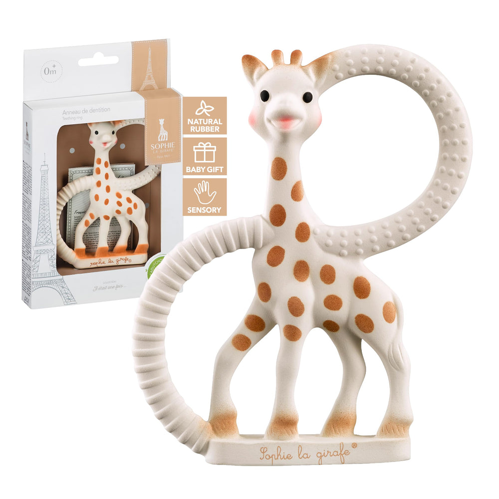 Sophie la girafe teething ring front-view soothes baby's gums.