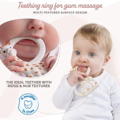 Sophie la girafe teething ring texture closeup highlights multi-textured chewing.