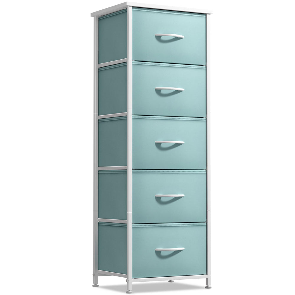 Sorbus fabric dresser aqua with wood top organizing toys in a nursery