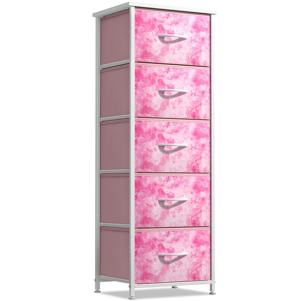 Sorbus fabric dresser pink top shows a durable wood surface for organizing essentials.