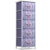 Sorbus fabric dresser with wood-top display surface for lamps and decor in a kid's room.