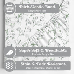 Sorrel + Fern fitted crib sheet with deep pockets keeps standard mattresses snug.