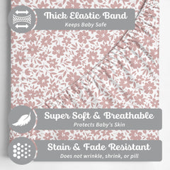 Sorrel + Fern crib sheets with thick elastic edge for secure fit.
