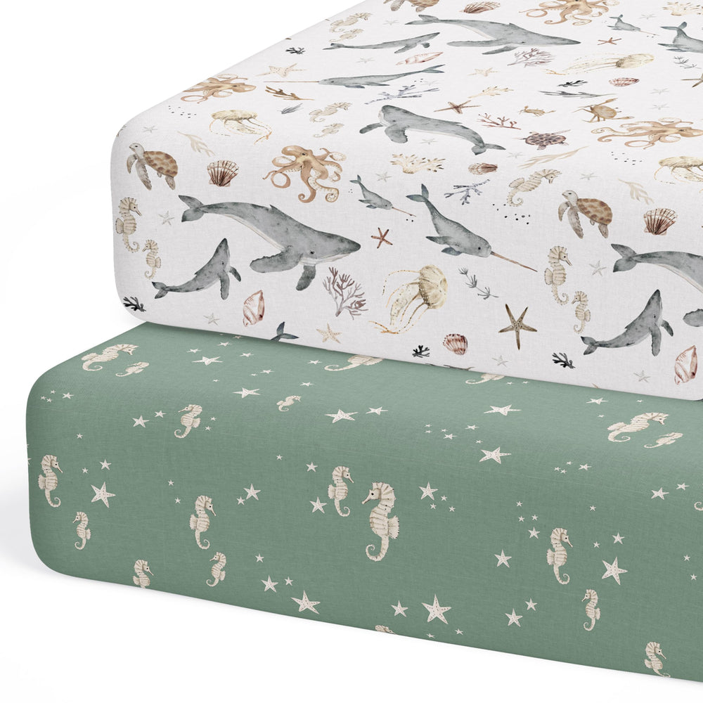 Sorrel + Fern Ocean Odyssey pattern closeup shows buttery-soft fabric for cozy baby sleep