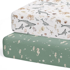 Sorrel + Fern Ocean Odyssey pattern closeup shows buttery-soft fabric for cozy baby sleep