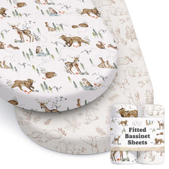 Sorrel + Fern Magic Forest bassinet sheet pattern closeup shows soft cotton blend for baby skin.