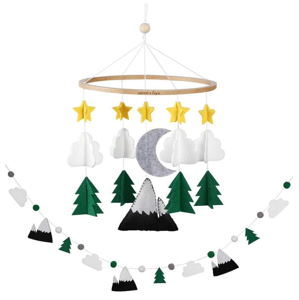 Sorrel + Fern Starry Woodland Night Mobile garland closeup enhances cozy nursery ambience.