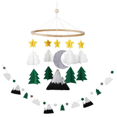 Sorrel + Fern Starry Woodland Night Mobile garland closeup enhances cozy nursery ambience.