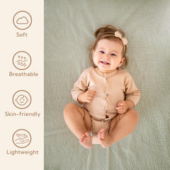 SOULFUL muslin crib sheets mist sage color folded, easy-fit elastic edge for standard crib.