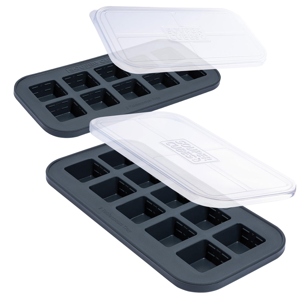 Souper Cubes 2tbsp freezer mold with charcoal lid enables compact, mess-free freezing.