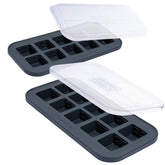 Souper Cubes 2tbsp freezer mold with charcoal lid enables compact, mess-free freezing.