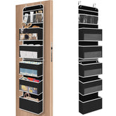 SpaceHacks 6-tier black door organizer shown in full view, maximizing vertical storage without floor clutter.