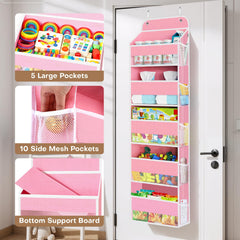SpaceWhisper Door Hook Installation pink image demonstrates tool-free mounting and door compatibility