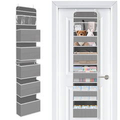 SpaceWhisper Over-the-Door Organizer grey mesh closeup shows breathable pockets for quick-access storage