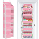 SpaceWhisper Over the Door Organizer pink front view highlights five large pockets for quick baby essentials