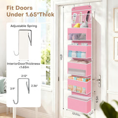 SpaceWhisper over-the-door organizer pink pocket closeup shows clear compartments for easy access