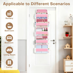 SpaceWhisper Over the Door Organizer pink side mesh pockets shown for visible storage of toiletries
