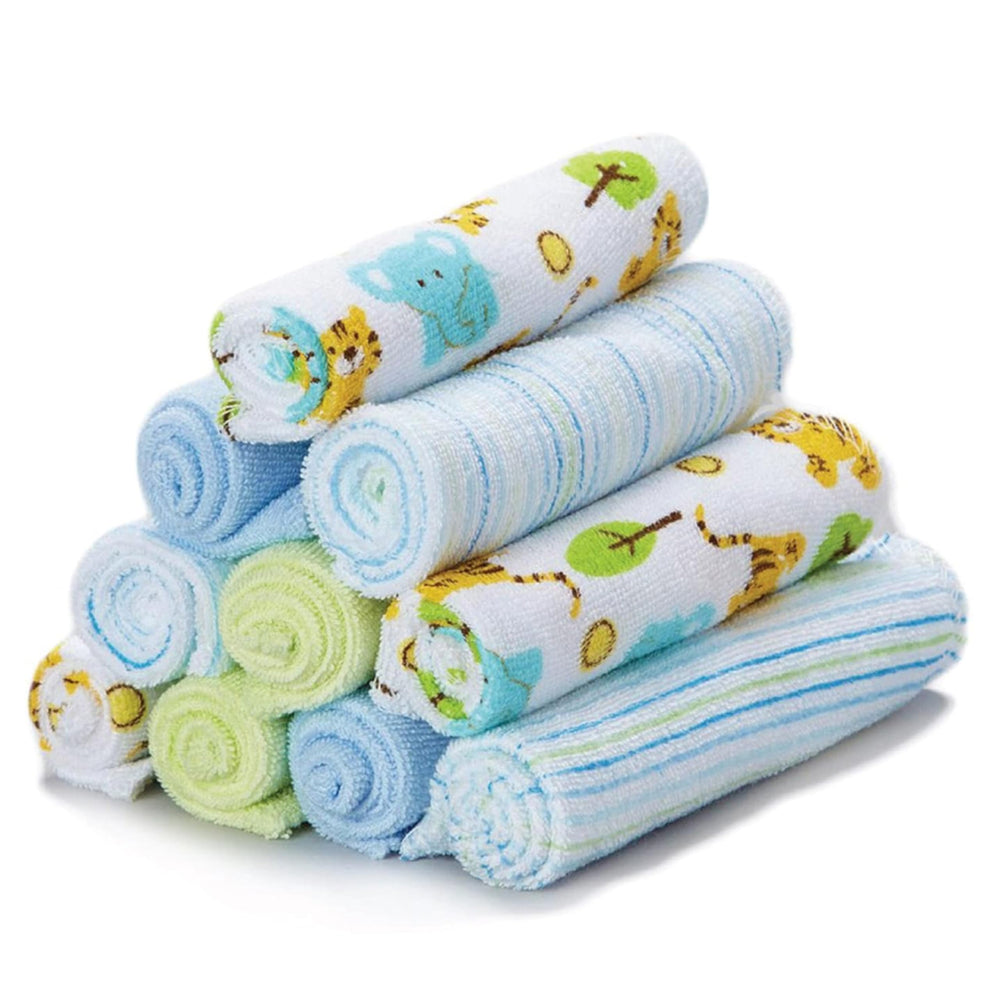 Spasilk 10-pack soft terry washcloths in blue tiger print for gentle newborn baths.