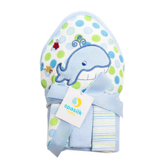 Spasilk baby bath hooded towel with blue whale design keeps baby warm and dry.