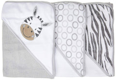 Spasilk grey zebra hooded towel with applique demonstrates vibrant prints for baby bath time.