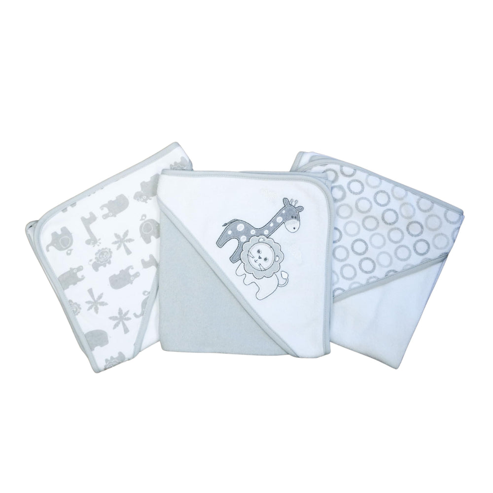 Spasilk baby hooded towels in gray lion set laid flat, soft and ready for bath time