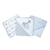 Spasilk baby hooded towels in gray lion set laid flat, soft and ready for bath time