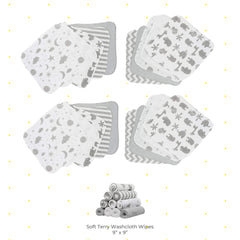Spasilk color prints washcloths showing cheerful designs to brighten baby routines.