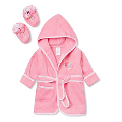 Spasilk hooded terry bathrobe in pink fish keeps baby warm after bath