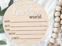 Spelable Hello World acrylic birth announcement for hospital photos and baby portraits