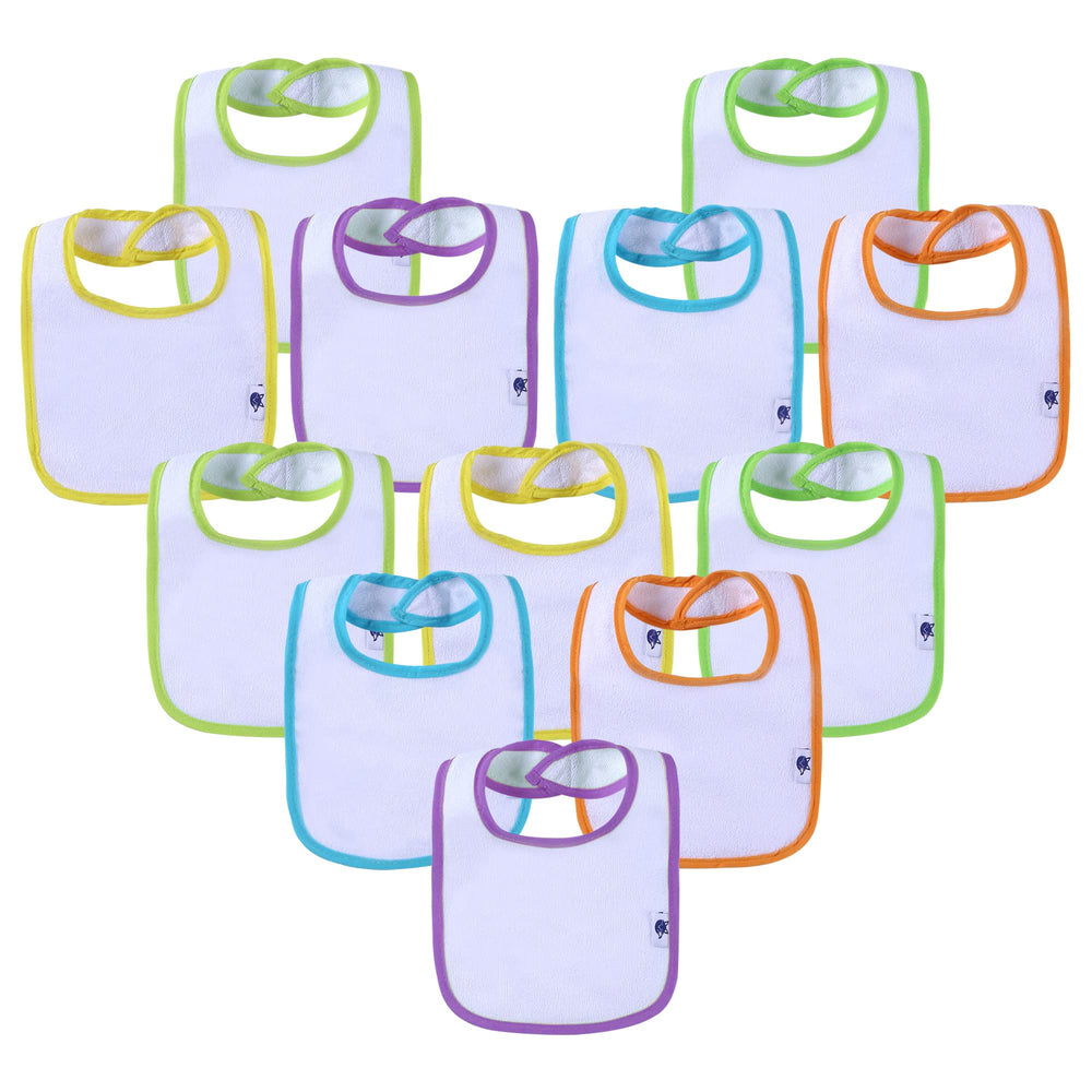 SPINFOX 12-pack baby bibs with waterproof layer for easy mess containment during feeds.