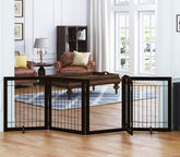 Spirich espresso 96-inch wide dog gate shows wide containment for large spaces