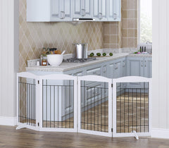 Spirich folding dog gate hinges shown, enabling versatile configurations.