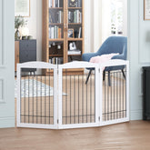 Spirich freestanding wire pet gate in white, 60-inch wide, three-panel layout for doorways.