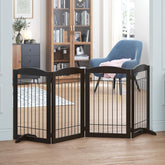 Spirich freestanding gate in espresso four-panel setup for hallway containment.
